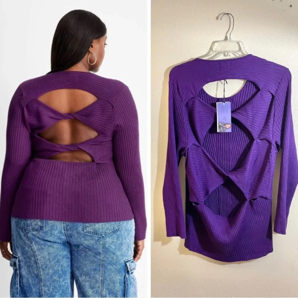 Future Collective Purple Ribbed Twisted Back Sweater Kahlana B. Brown NW… - Picture 1 of 8